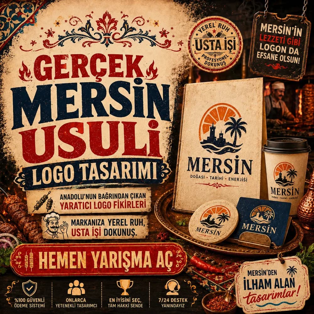Mersin usulü logo tasarımı — turunç, palmiye ve kale silüetli Mersin temalı örnek logo tasarımı afişi