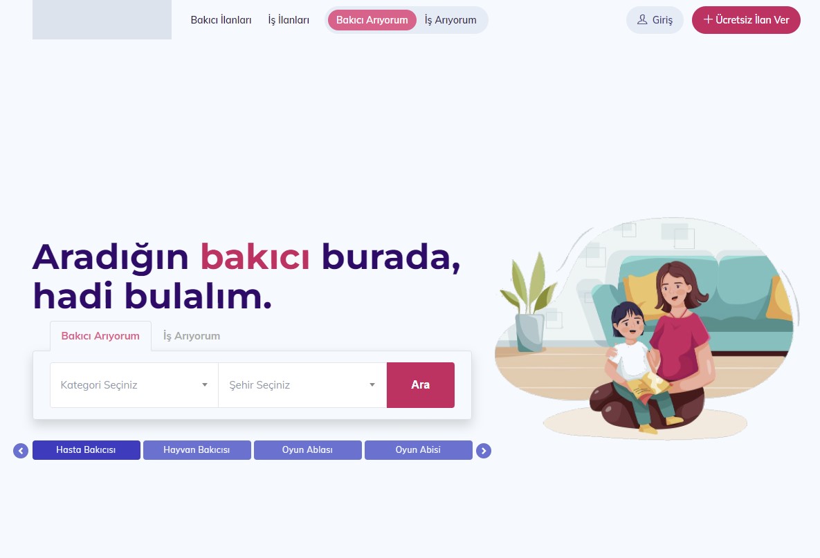 Website Anasayfa Ekran Görüntüsü (Bakıcı arayanlar için)